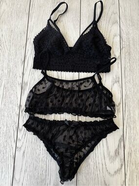 Sheer Black Lace Bralette & Brief Set - Feminine Lingerie